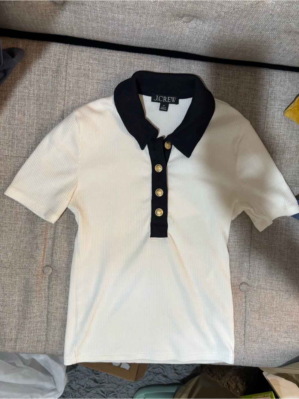 J.Crew Vintage Rib Polo T Shirt Gold Buttons Ivory Black XS